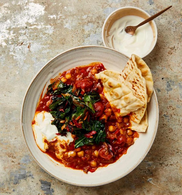 Rose harissa chickpea stew with burnt chard