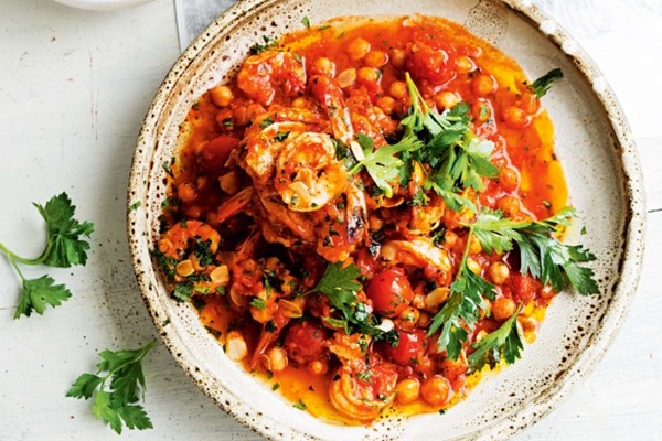 Rose harissa, prawn and chickpea tagine