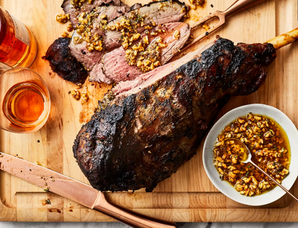 Rosé-marinated grilled leg of lamb with walnut salsa fresca