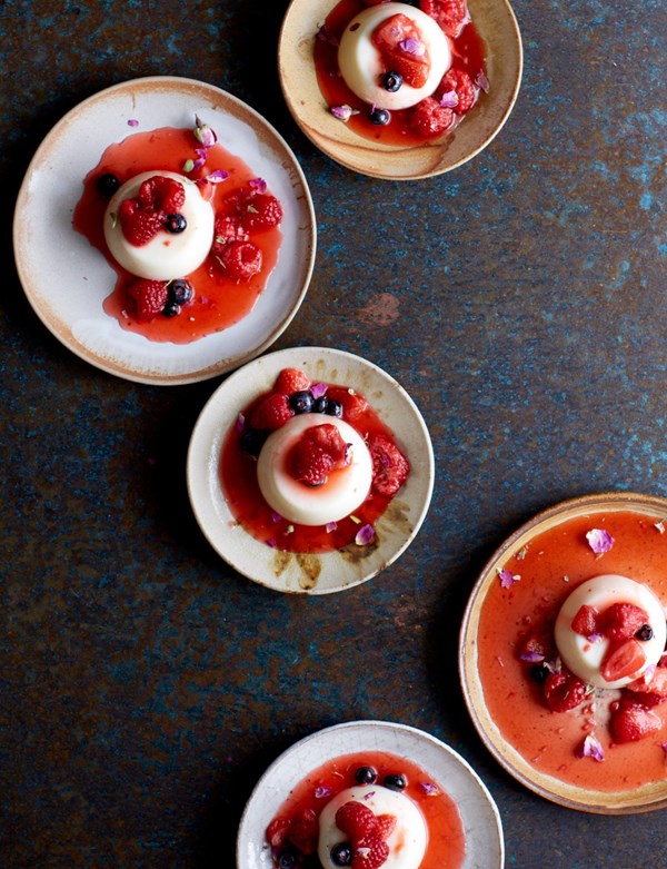 Rose mouhalabiah with summer fruit compote