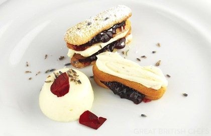 Rose petal panna cotta with Damson and lavender Viennese shortbread