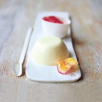 Rose-scented panna cotta with rhubarb compote