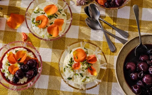 Rose-scented rice pudding with cherry compote