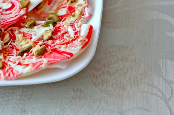 Rose-swirled white chocolate bark