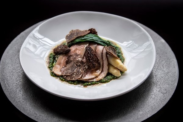Rose veal with buttered morels, white asparagus, wild garlic and truffle