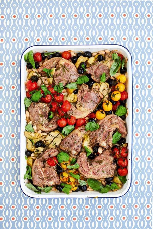 Rosemary & garlic roasted lamb with artichokes & olives