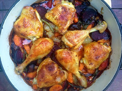 Rosemary and beetroot roasted chicken thighs