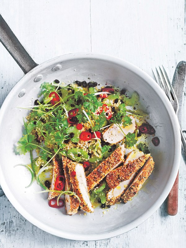 Rosemary and puffed amaranth chicken schnitzel with couscous salad