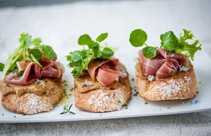 Rosemary and sea salt bread with truffle rarebit and Parma ham