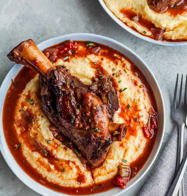 Rosemary braised lamb shanks with creamy polenta