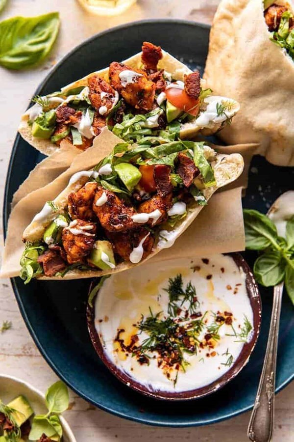 Rosemary chicken and avocado bacon pitas with honey feta sauce