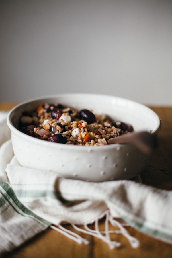Rosemary farro with roasted grapes, shallots, and almonds
