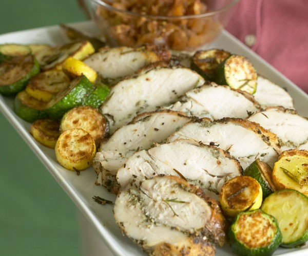 Rosemary-garlic chicken with apple and fig compote