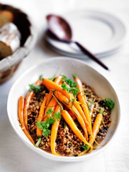 Rosemary-glazed carrots with barley pilaf
