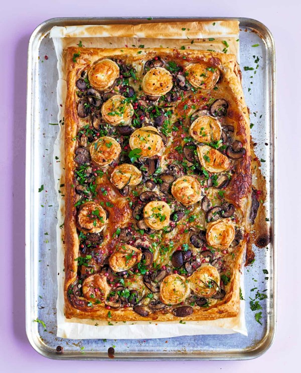 Rosemary, goat's cheese and mushroom tart with pink peppercorns