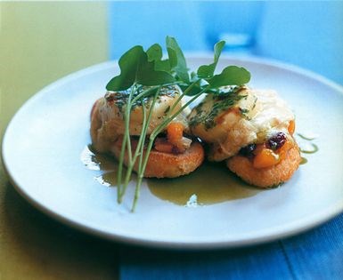Rosemary-grilled goat’s cheese with warm apricot relish and pistachio oil