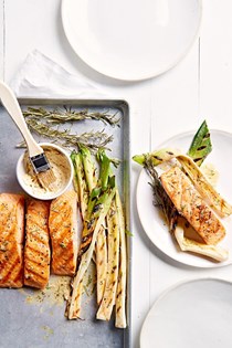 Rosemary-grilled salmon and leeks