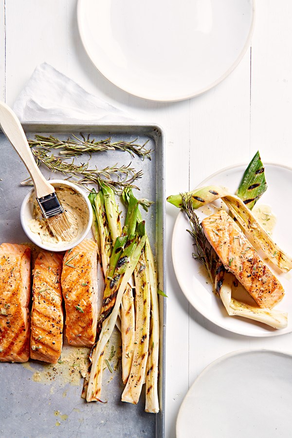 Rosemary-grilled salmon and leeks