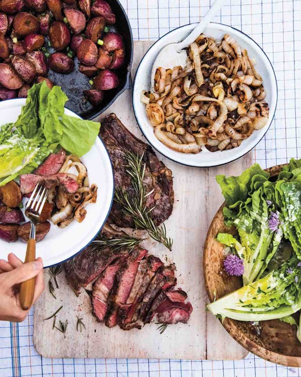 Rosemary grilled steak with sweet onions