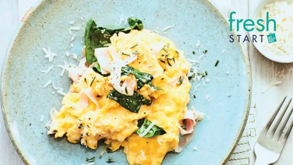 Rosemary, ham and Parmesan scramble