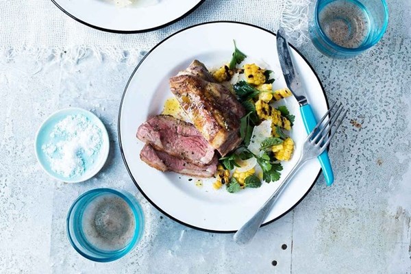 Rosemary lamb rump with charred corn, Manchego & black garlic salad 