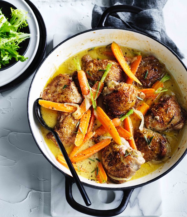 Rosemary, mustard and brandy chicken with buttered carrots