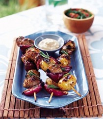 Rosemary mustard sausage and potato skewers