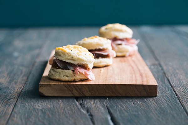 Rosemary-Parmesan biscuits with fig jam and prosciutto