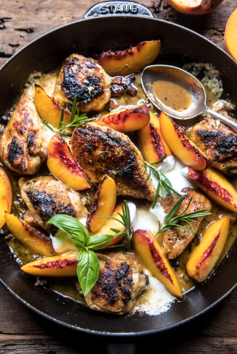 Rosemary peach chicken in a white wine pan sauce