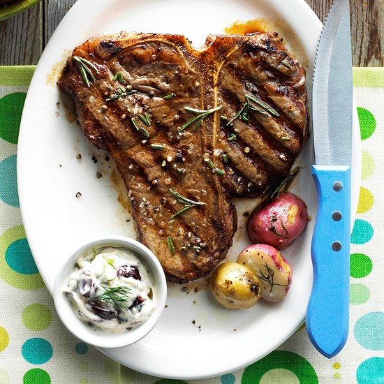 Rosemary porterhouses with olive mayonnaise