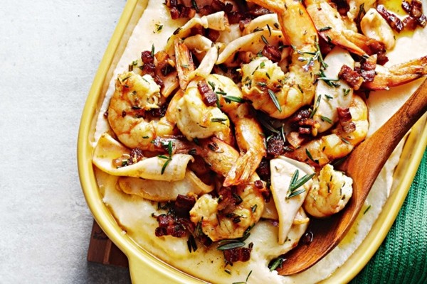 Rosemary prawns and calamari with semolina mash