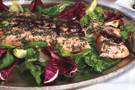 Rosemary-rubbed side of salmon with roasted potatoes, parsnips, and mushrooms