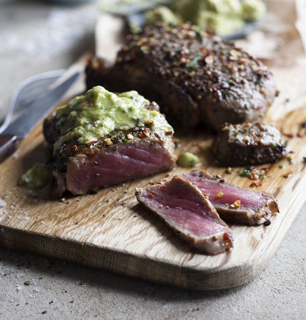 Rosemary salted sirloin with lemon and avocado butter