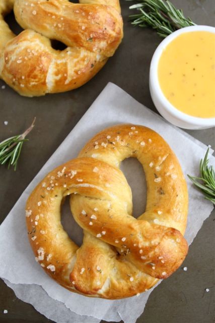 Rosemary sea salt pretzels with rosemary cheddar cheese sauce