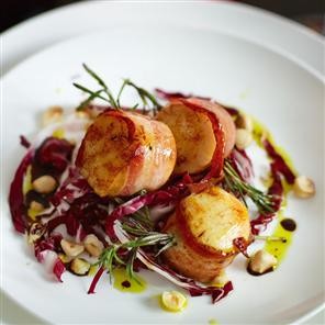 Rosemary seared scallops with pancetta, radicchio and toasted hazelnuts