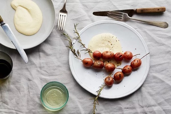 Rosemary skewered baby red potatoes with skordalia