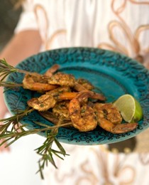 Rosemary-skewered shrimp marinated in chipotle