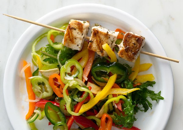Rosemary swordfish skewers with sweet pepper salad