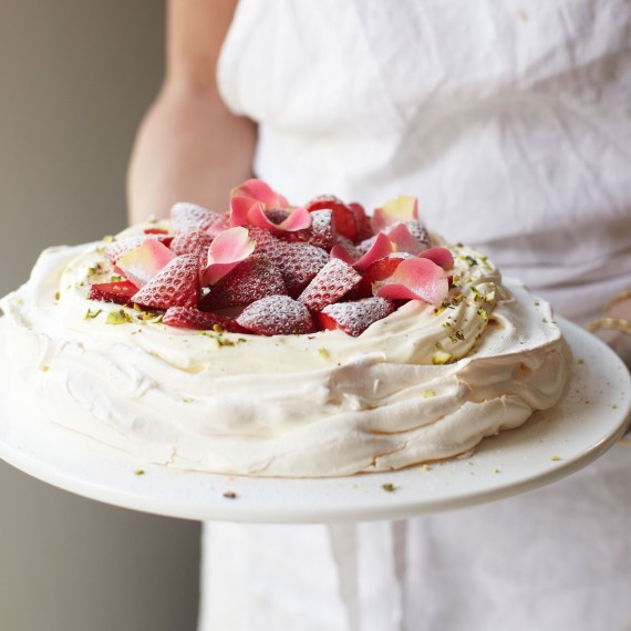Rosewater & pistachio Pavlova with strawberries