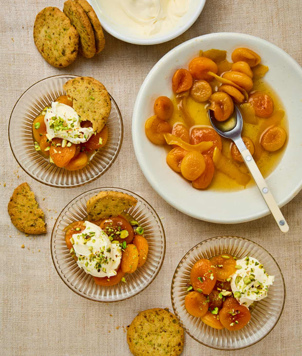 Rosewater apricots with pistachio biscuits