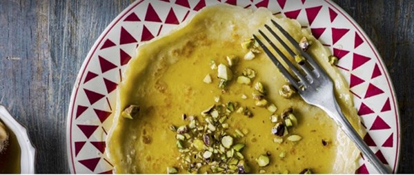 Rosewater pancakes with pistachio and honey