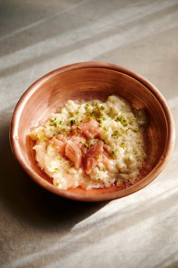 Rosewater rice pudding with rhubarb and cardamom compote