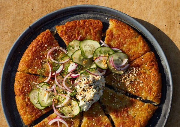 Rösti with cream cheese, dill pickle and everything seasoning