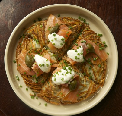 Rosti with gravlax, caper berries and horseradish cream