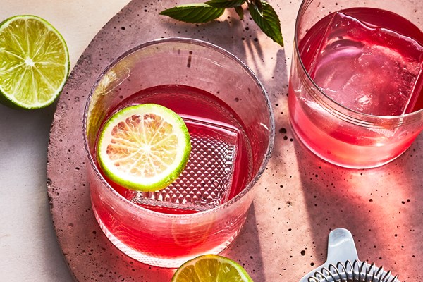 Rosy hibiscus-gin lowball