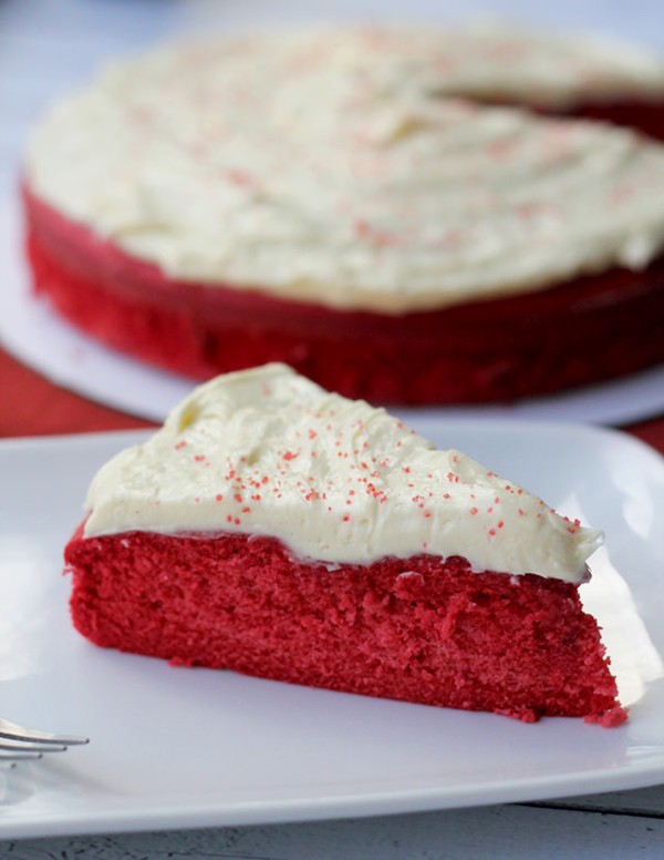 Rosy red velvet cake with white chocolate cream cheese frosting
