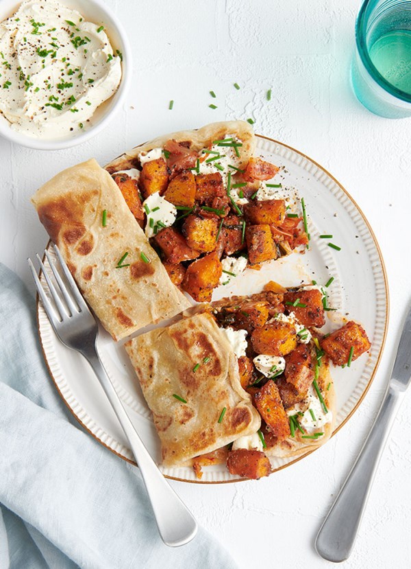 Roti with miso roasted pumpkin and kimchi