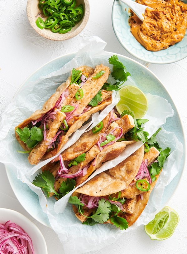 Roti with salt and pepper tofu, spicy peanut sauce and quick pickled shallots