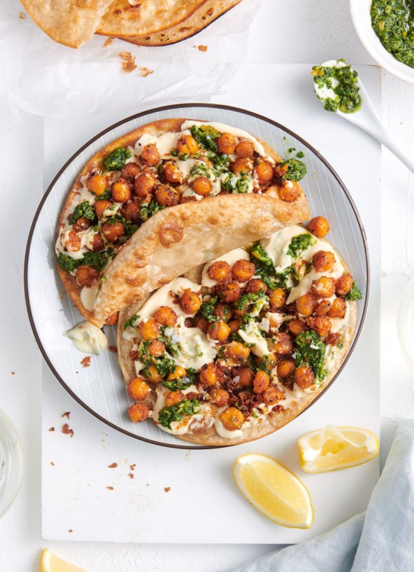Roti with smoky chickpeas, hummus and preserved lemon chimmichurri