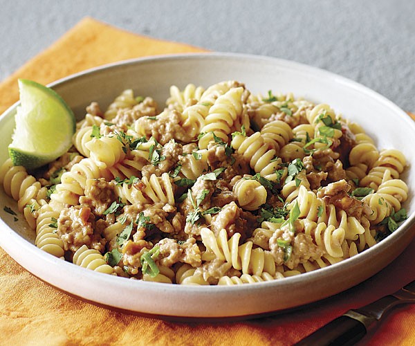 Rotini with ground pork and spicy peanut sauce
